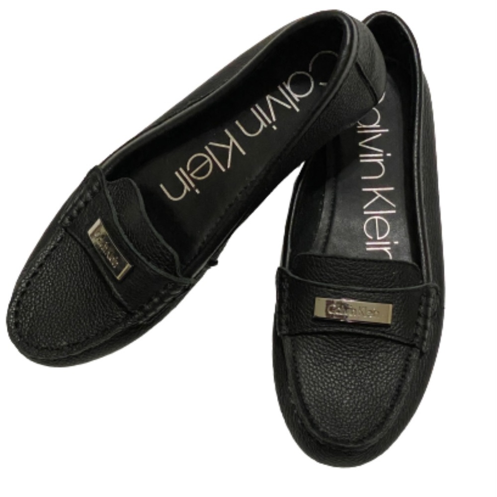 Calvin Klein Women Black Leather Pebble Grain Leta Loafers Size 7.5 M